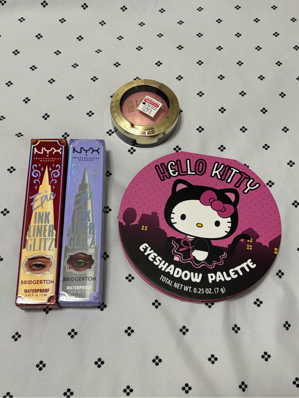 Makeup Bundle - Hello Kitty Eyeshadow Palette, NYX Glitz Liners, Milani Blush